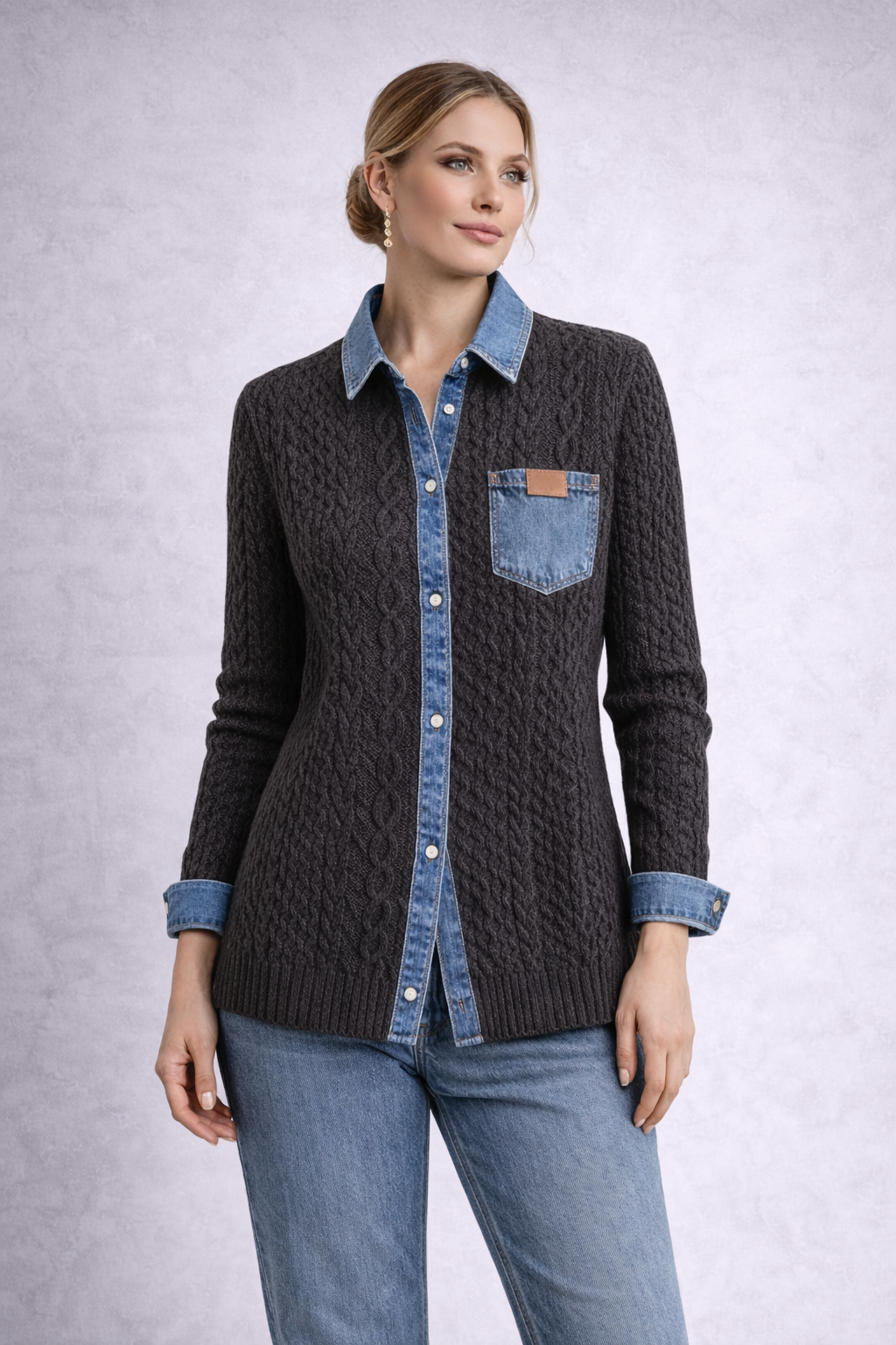 Top de punto cálido con detalles en denim.
Cómodo, elegante y fácil de combinar para el día a día.