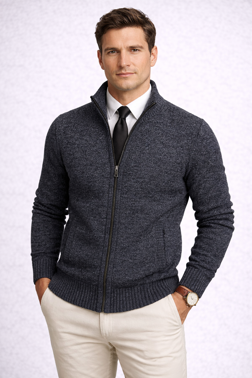 Cárdigan de punto para hombre con mezcla de lana merino y algodón.
Elegante, cómodo y versátil para cualquier ocasión.