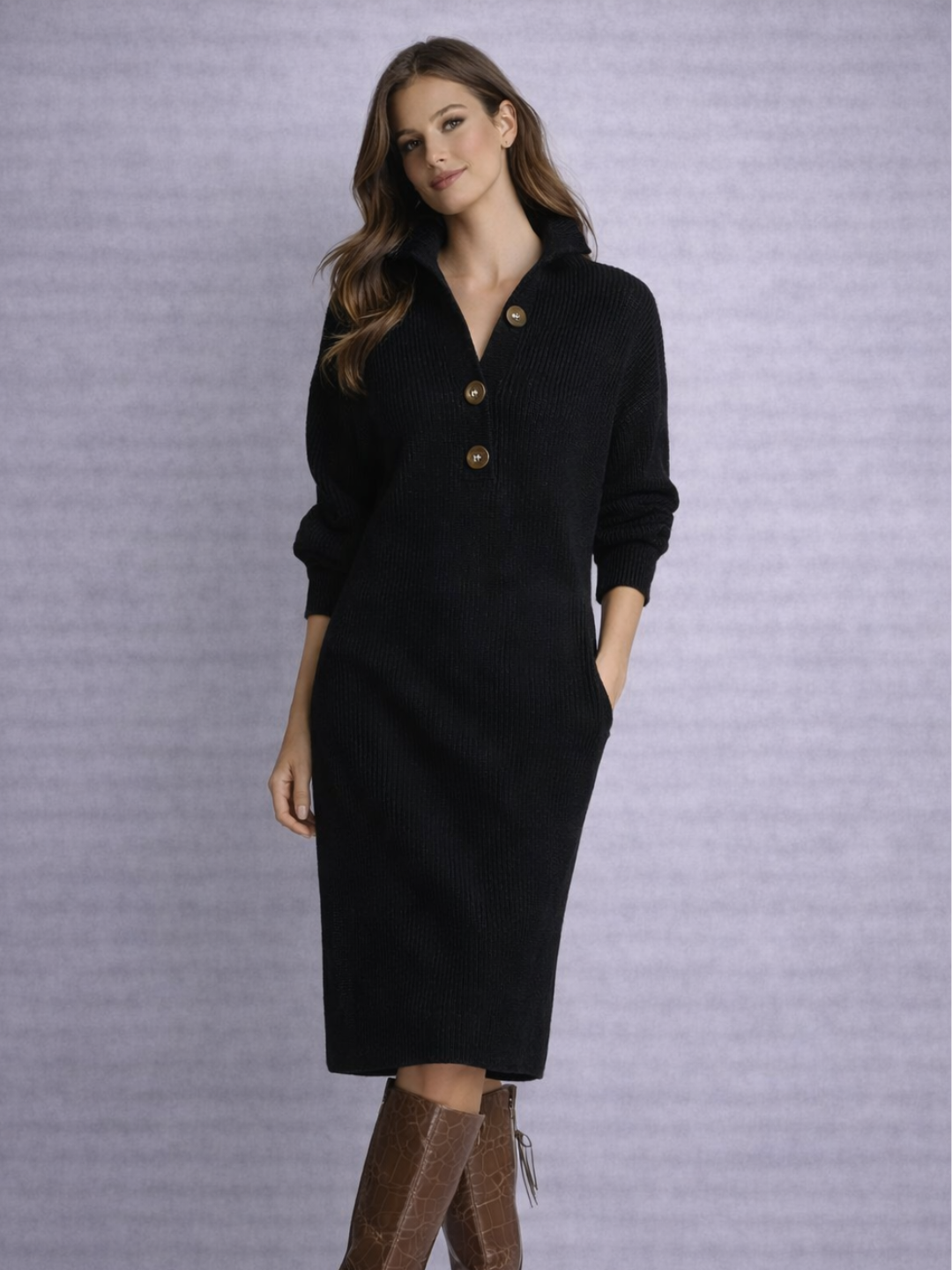 El vestido Valeria Soft combina la calidez de la lana con la flexibilidad del elastano, creando una prenda suave, cómoda y con una caída perfecta. Su diseño con cuello abierto y botones grandes aporta un estilo sofisticado pero relajado, ideal para días frescos en los que buscas verte elegante sin esfuerzo.