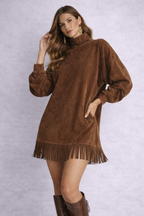 Gabriela ║ Suede dress with high neck and fringe 
