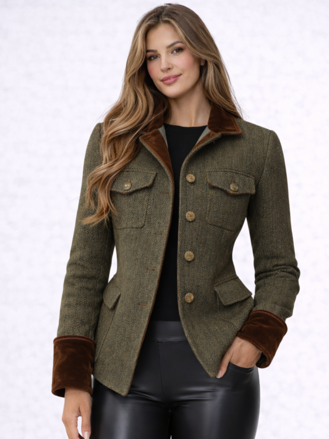 Chaqueta de tweed con detalles en terciopelo y corte estructurado.
Un diseño elegante y atemporal que eleva cualquier look con comodidad.