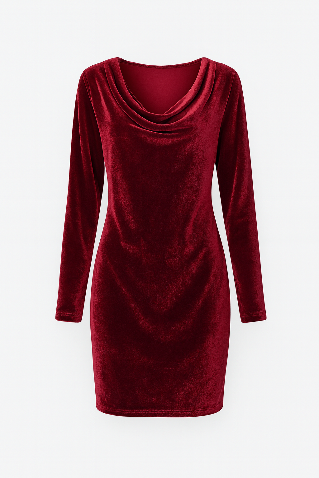 Vestido de terciopelo suave con caída fluida y drapeado elegante en el escote.
Silueta relajada que estiliza sin marcar, ideal para día o noche.